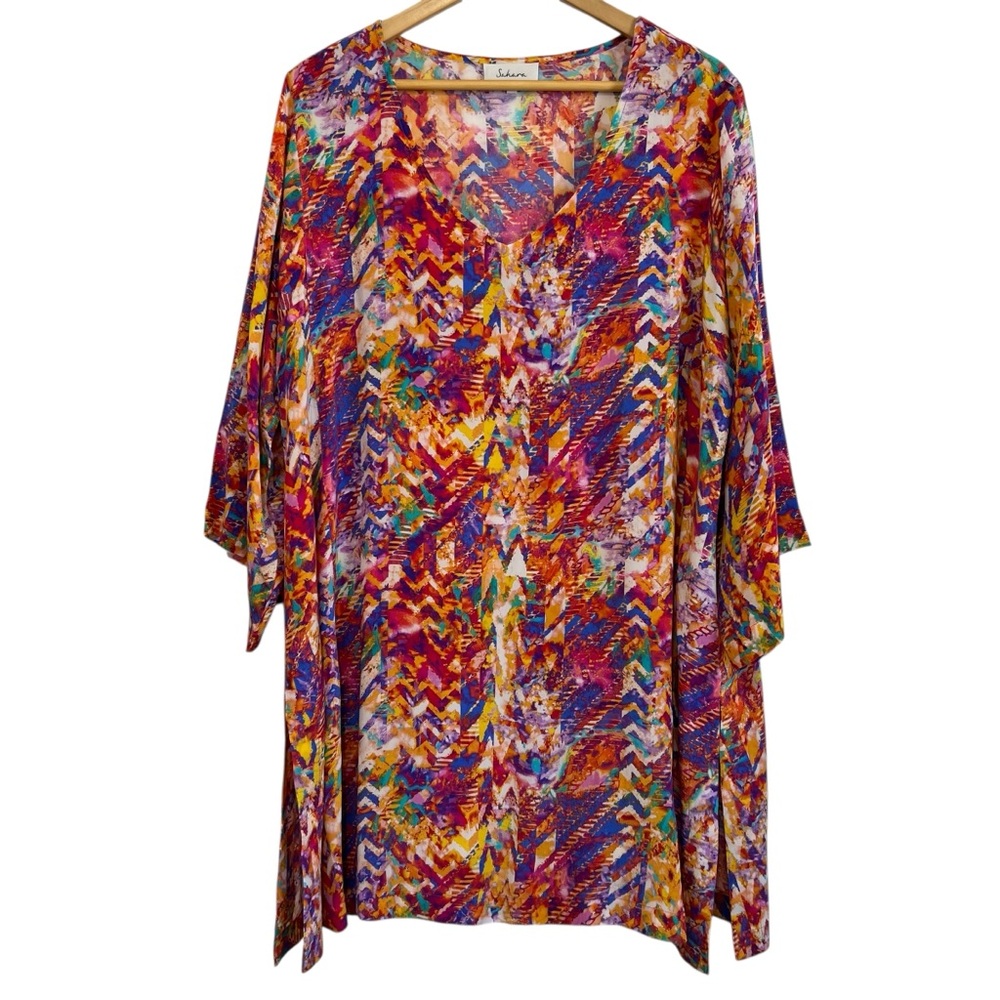 SAHARA Colorful Abstract Print Silk Tunic Top V-Neck Size 4 (US L/XL)